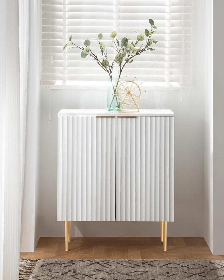 Fluted White Storage Cabinet Set of 2, Wood Sideboard Buffet Cabinet Peach Maple