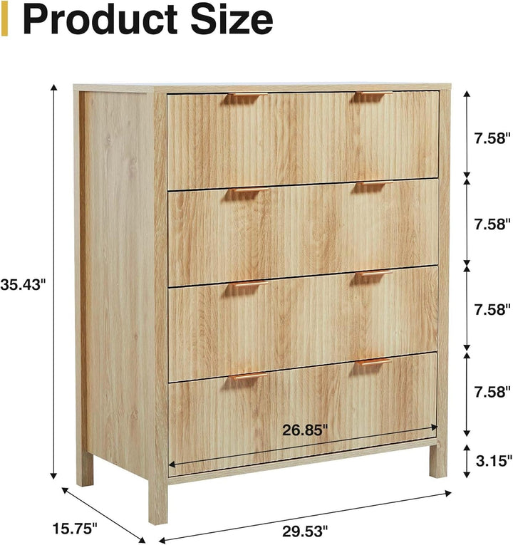 Modern 4 Drawer Wood Dresser – Fluted Wavefront Storage Cabinet with Solid Legs, MDF Chest for Bedroom & Living Room Peach Maple