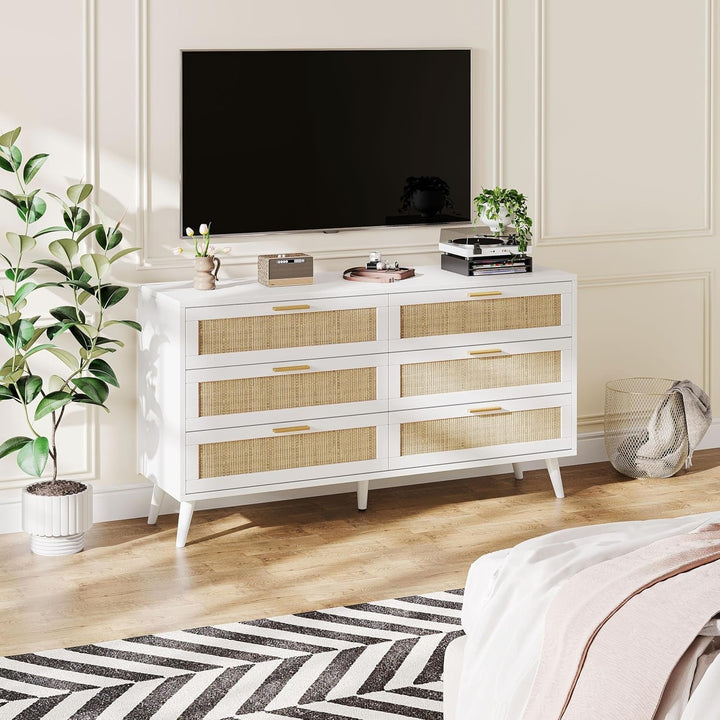 Modern 6 Drawer Double Dresser with Elegant Rattan Accents & Gold Handles – Spacious Storage for Bedroom, Living Room, or Entryway Peach Maple