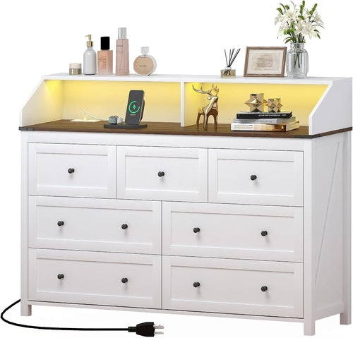 54" Rustic 7 Drawer Dresser with LED Lights, USB & AC Charging Ports – White Wood Chest for Bedroom, Living Room, Hallway Peach Maple