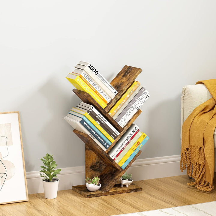 Hoctieon 4-Tier Tree Bookshelf – Small Space Corner Bookcase with Rustic Wood & Metal Frame, Compact Vertical Storage Shelf with Anti-Tip Kit, Freestanding Organizer for Living Room, Bedroom, Office Peach Maple