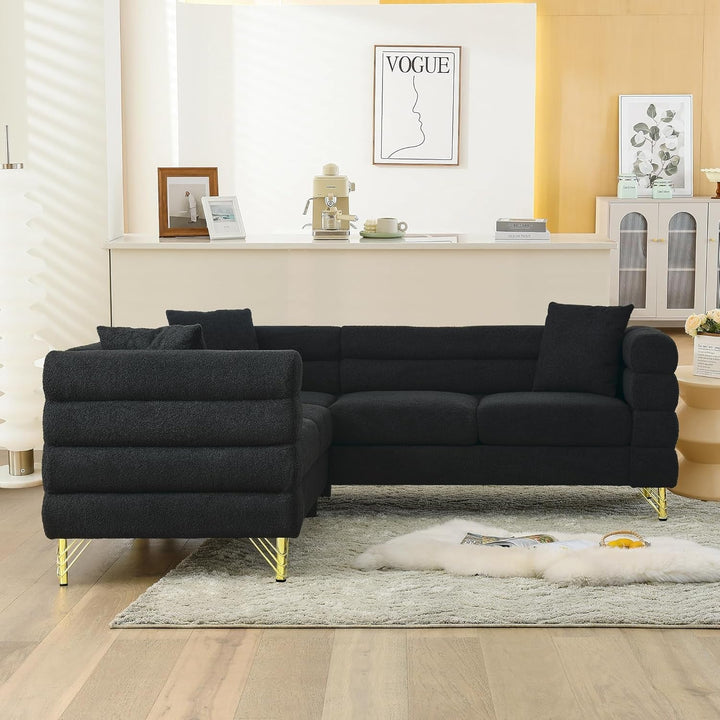 Black Oversized Corner Sofa 5 Seater, Teddy Fabric Peach Maple