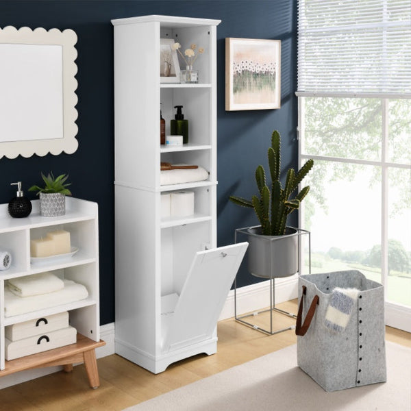 64" Tall White Bathroom Storage Cabinet with Laundry Hamper – Floor Standing Organizer with 4 Adjustable Shelves, Hidden Storage for Small Spaces CJDropshipping