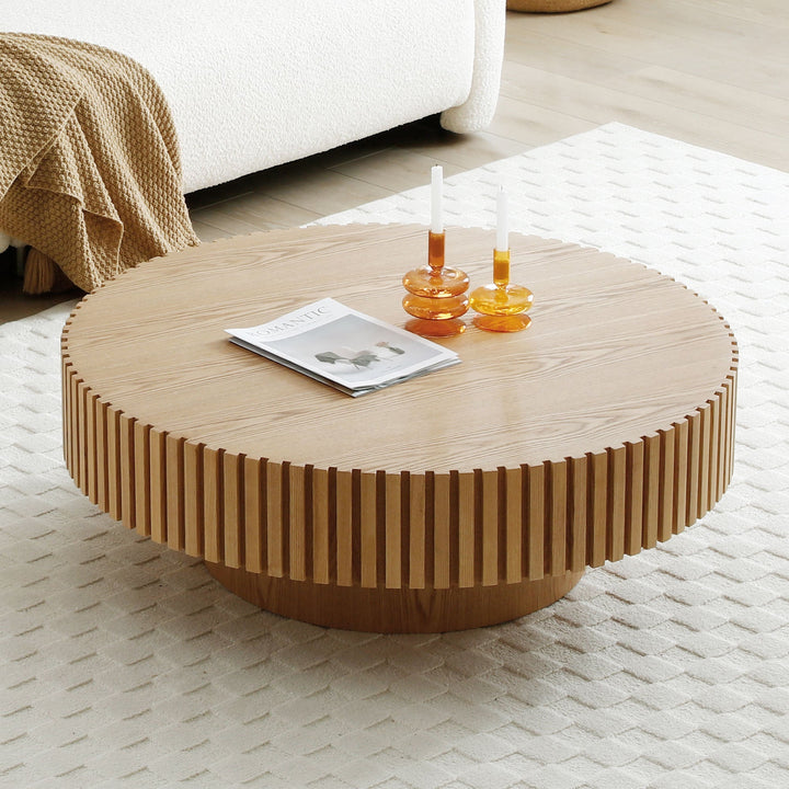 Modern Round Wood Coffee Table – Handcrafted Drum Design, Ash Finish, 31.5" Sangria Beech