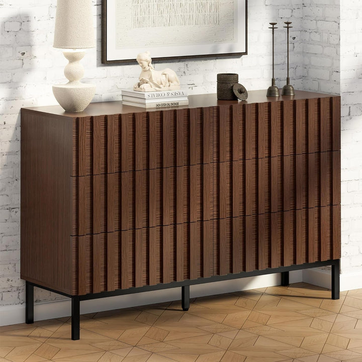 Fluted Walnut 6-Drawer Dresser with Metal Stand – Modern Storage Chest for Bedroom & Living Room Peach Maple