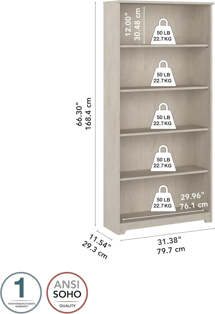 Tall 5 Shelf Bookcase in Linen White Oak – Adjustable Modern Bookshelf for Home Office or Living Room Peach Maple