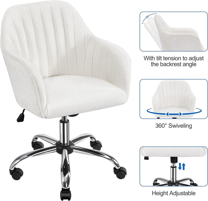 Tufted Vanity Chair with Vertical Channel Tufts, Height-Adjustable Swivel Desk Chair – Soft Boucle Upholstery & Polished Chrome Legs, Modern Makeup Room Chair Peach Maple