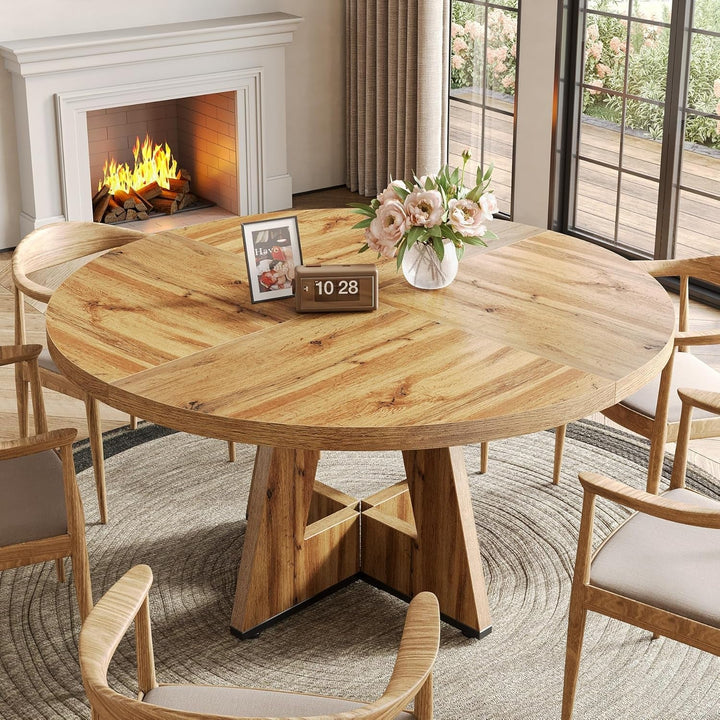 47" Round Farmhouse Dining Table with Pedestal Base – Seats 4-6, Light Brown Peach Maple