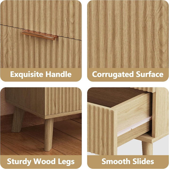 Modern Wood 3-Drawer Dresser with Fluted Wave Panel & Aluminum Handles – Stylish Storage Chest with Solid Wood Legs Peach Maple