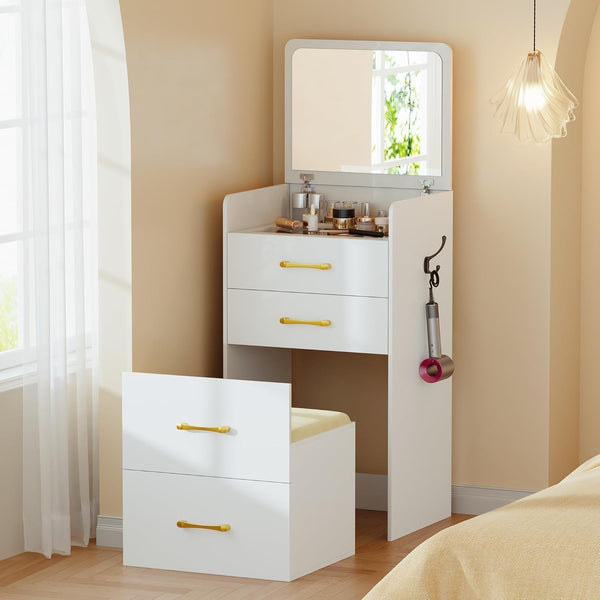 Compact 3-in-1 Vanity Desk with Flip-Up Mirror, Hidden Storage & Cushioned Stool – Multi-Use Nightstand & Makeup Table for Small Spaces Peach Maple