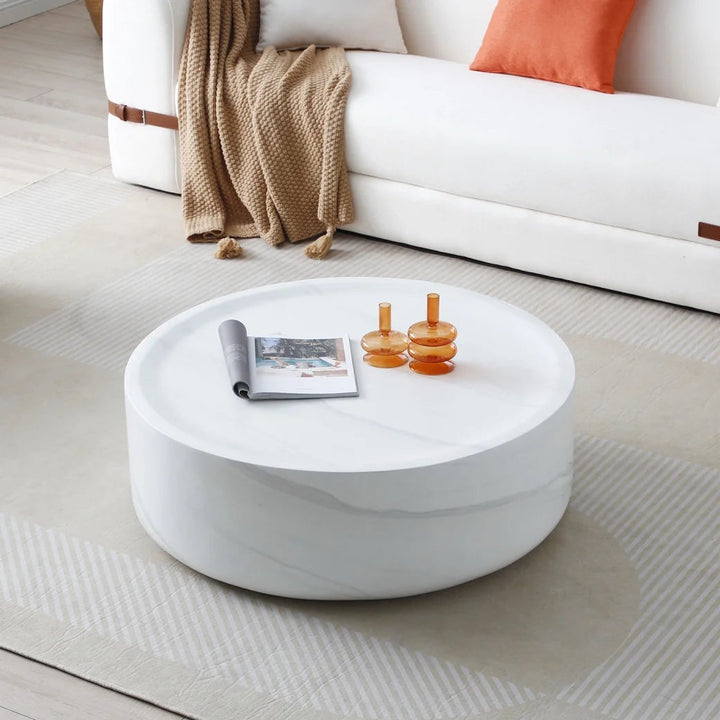 Modern Round Fiberglass Coffee Table – No Assembly, Durable Black & White Accent Table for Living Room & Office Sangria Beech
