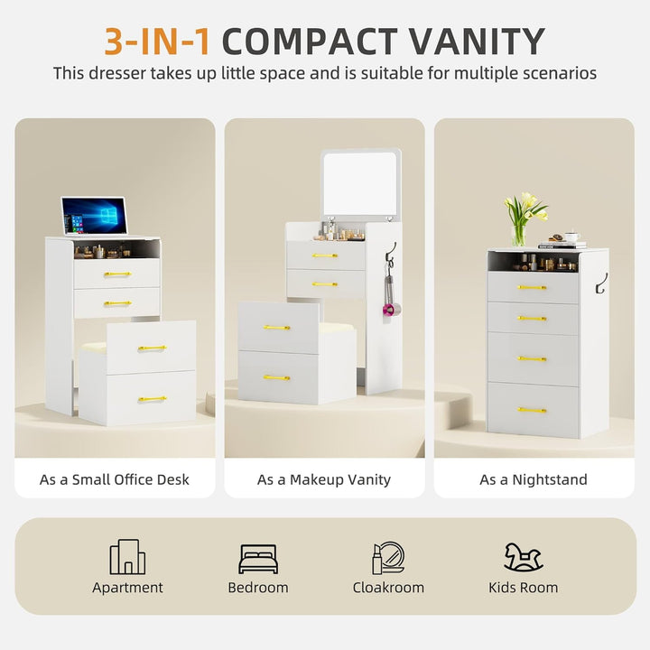 Compact 3-in-1 Vanity Desk with Flip-Up Mirror, Hidden Storage & Cushioned Stool – Multi-Use Nightstand & Makeup Table for Small Spaces Peach Maple