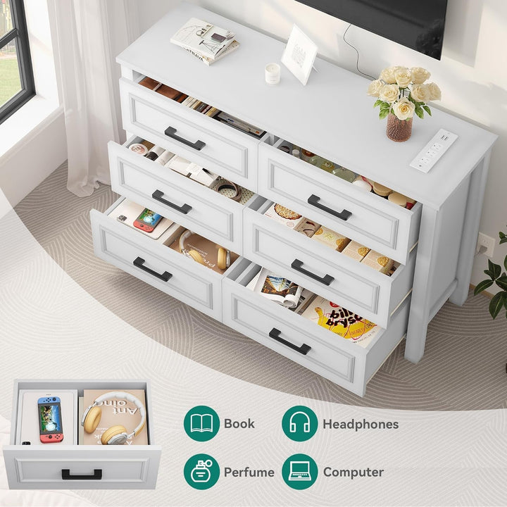 6-Drawer Dresser with Built-in Power Outlet & USB Ports – White Storage Cabinet with Rustic Bar Handles, Anti-Tip Design for Bedroom, Entryway, or Living Room Peach Maple