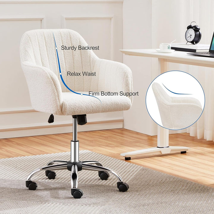 Tufted Vanity Chair with Vertical Channel Tufts, Height-Adjustable Swivel Desk Chair – Soft Boucle Upholstery & Polished Chrome Legs, Modern Makeup Room Chair Peach Maple