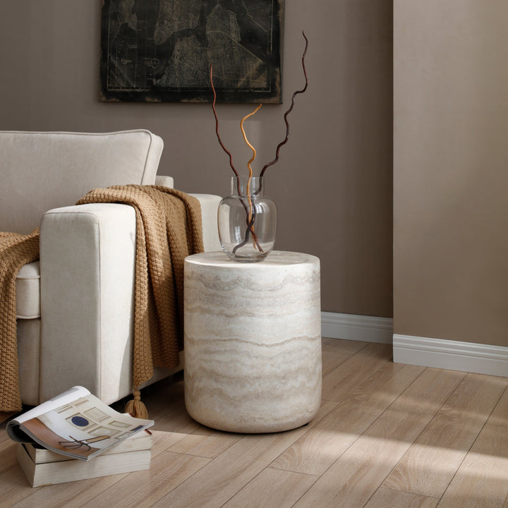 Modern Beige Round Fiberglass Coffee Table – Faux Travertine Side Table for Living Room Sangria Beech
