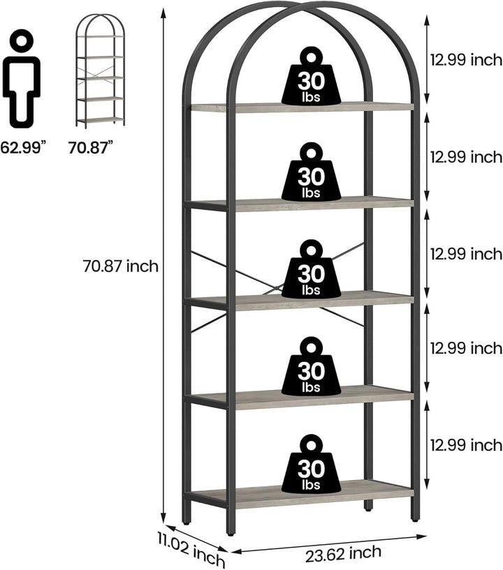 IDEALHOUSE 5-Tier Tall Bookshelf with Wood Grain MDF & Metal Frame – Industrial Grey Bookcase with Gold Accents, X-Shaped Support, Adjustable Feet, and Anti-Tip Safety Straps (23.6" W x 70.9" H) Peach Maple