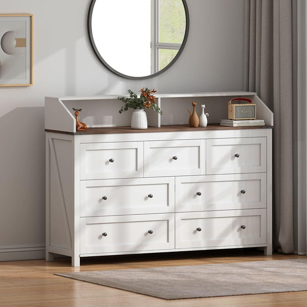 54" Rustic 7 Drawer Dresser with LED Lights, USB & AC Charging Ports – White Wood Chest for Bedroom, Living Room, Hallway Peach Maple