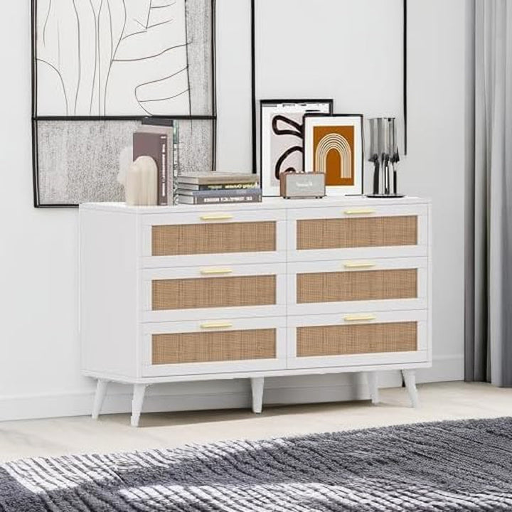 Modern 6 Drawer Double Dresser with Elegant Rattan Accents & Gold Handles – Spacious Storage for Bedroom, Living Room, or Entryway Peach Maple