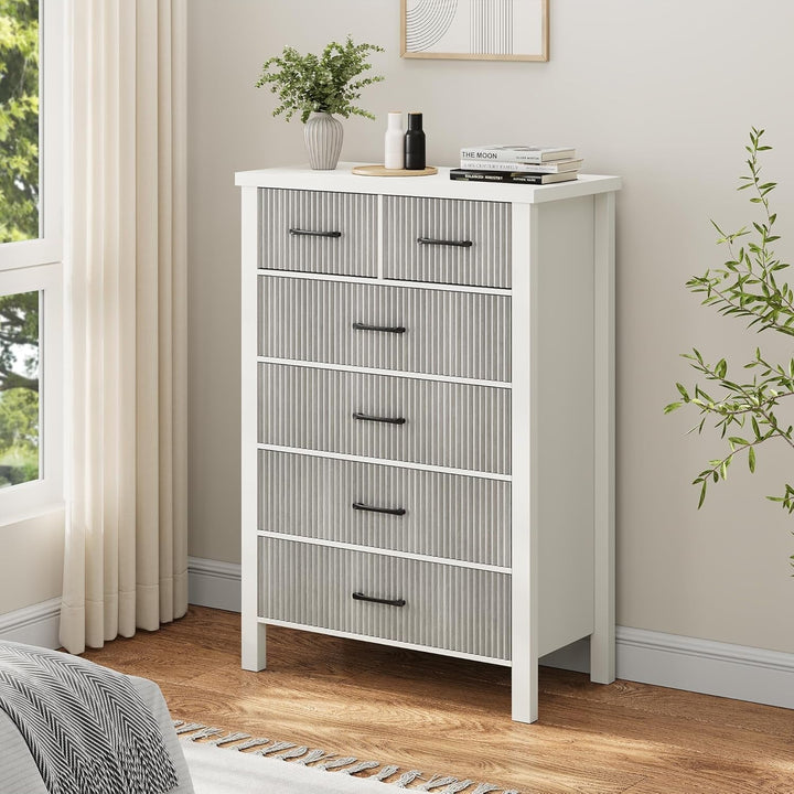 Modern 6 Drawer White Dresser with Fluted Panels – Stylish & Durable Storage for Bedroom, Living Room & Hallway Peach Maple