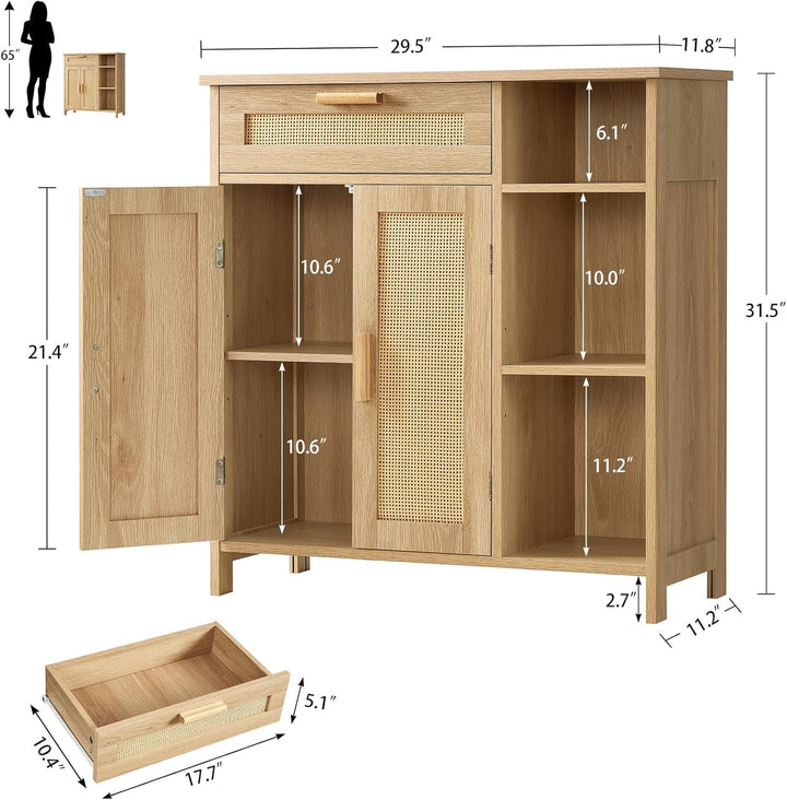 Natural Rattan Boho Storage Cabinet with Adjustable Shelves Peach Maple