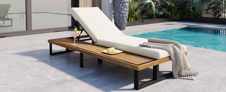 Adjustable Outdoor Chaise Lounge Chair with 5-Position Recline, Acacia Wood Frame & Thick Cushion – Poolside Recliner with Side Table, Beige Sangria Beech