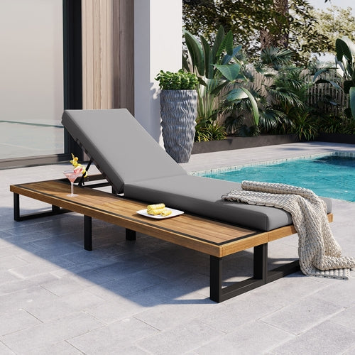 Adjustable Outdoor Chaise Lounge Chair with Cushion & Side Table – Acacia Wood Frame, 5-Position Recliner for Patio, Poolside, or Garden Sangria Beech