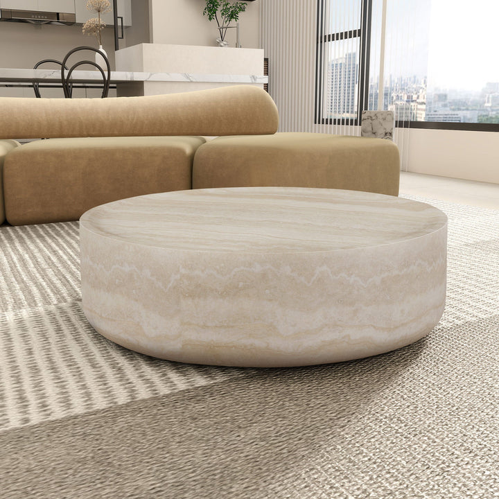 Modern Round Faux Travertine Coffee Table – 31.5" Fiberglass Center Table for Living Room, No Assembly Needed Sangria Beech