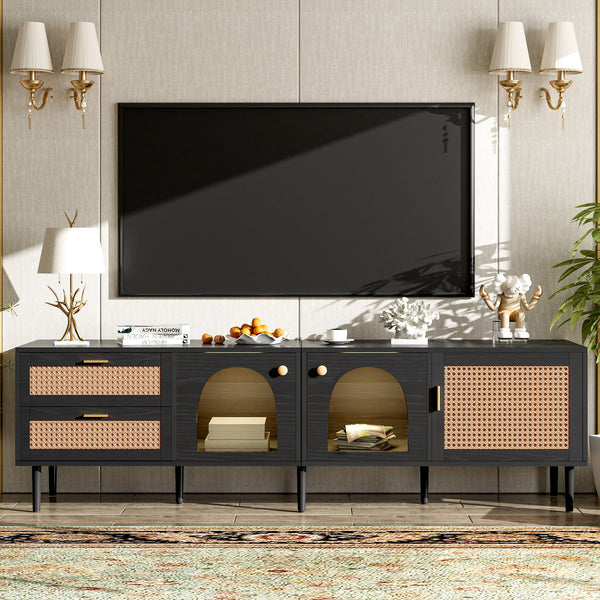 Rattan TV Stand with 3 Cabinets & 2 Drawers, Rattan-inspired Media Console Table for TVs up to 80'', LED Light Entertainment Center, TV cabinet for Living room, Bedroom, Home Theatre GH Modern Living