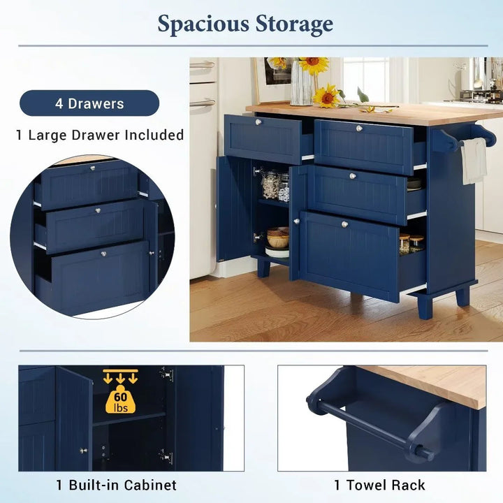 Farmhouse Kitchen Island Set with Drop Leaf Tabletop, 4 Drawers & Adjustable Shelf, Includes 2 Dining Stools – Blue Rubberwood & MDF Storage Island Sangria Beech