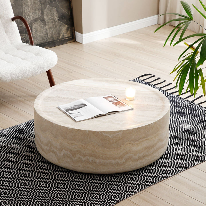 Modern Round Faux Travertine Coffee Table – 31.5" Fiberglass Center Table for Living Room, No Assembly Needed Sangria Beech