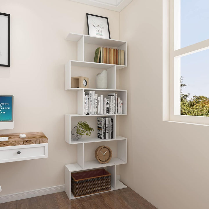 S-Shaped Bookshelf – Modern Geometric 6-Tier White Display Bookcase Peach Maple