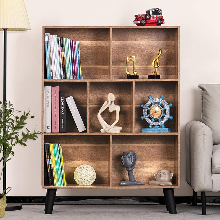 Oak Grey Mid-Century Modern 3-Tier Cube Bookshelf – 7-Cube Wood Storage Organizer for Living Room, Office, or Bedroom Peach Maple