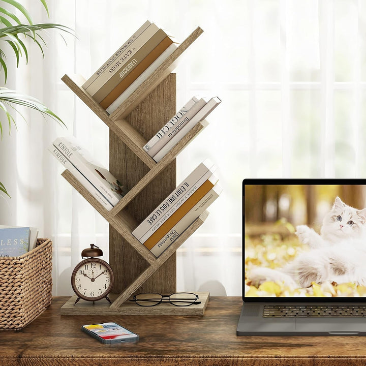 Rustic Tree Bookshelf – 4-Tier Small Space Bookcase with Wood Shelves & Metal Frame, Corner Storage Rack for Living Room, Bedroom, or Office Peach Maple