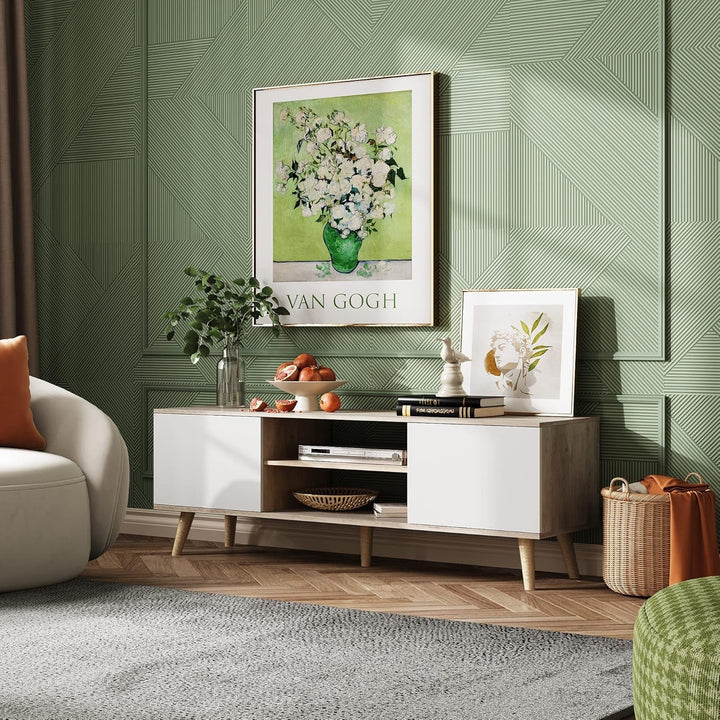 TV Stand for 55 60 Inch TV, Boho Entertainment Center with Storage Peach Maple