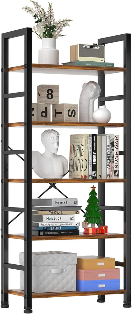Modern 5-Tier Tall Bookshelf with Metal Frame – Space-Saving Industrial Bookcase Storage Shelf for Living Room, Bedroom, or Office – 62.2" H Freestanding Wood Shelving Unit Peach Maple