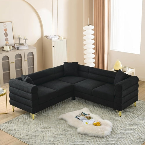 Black Oversized Corner Sofa 5 Seater, Teddy Fabric Peach Maple