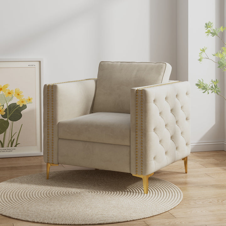 Beige Velvet Accent Chair with Gold Metal Legs – Tufted Armrests & Spring Foam Cushion for Living Room and Bedroom Sangria Beech