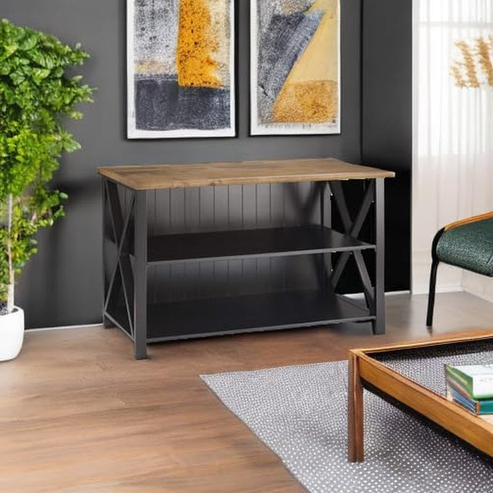 Modern Farmhouse Solid Pine Wood Storage Console – 2-Shelf Bookcase with Beadboard Back & X-Side Design, Rustic Sofa Table or Bookshelf for Living Room, Kitchen, or Home Office Peach Maple