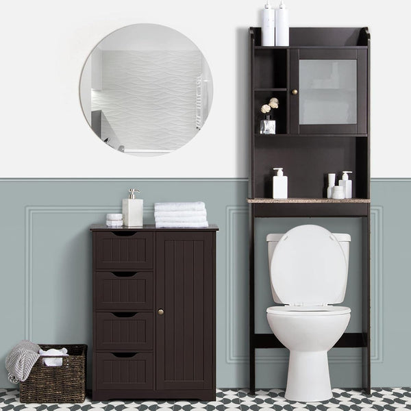 Wooden Bathroom Floor Cabinet with 4 Drawers & Adjustable Shelf Cupboard – Freestanding Storage Organizer Peach Maple