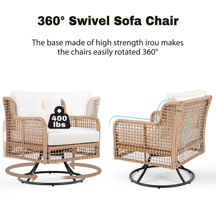 5-Piece Outdoor Patio Furniture Set with 3-Seat Sofa, 2 Swivel Chairs & Wood Coffee Table – PE Rattan Wicker, Beige Cushions, Weatherproof Design Sangria Beech
