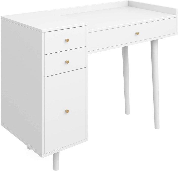 Daisy Mid-Century White Vanity Desk with Brass Knobs – 4-Drawer Makeup Table & Writing Desk for Bedroom or Home Office Peach Maple