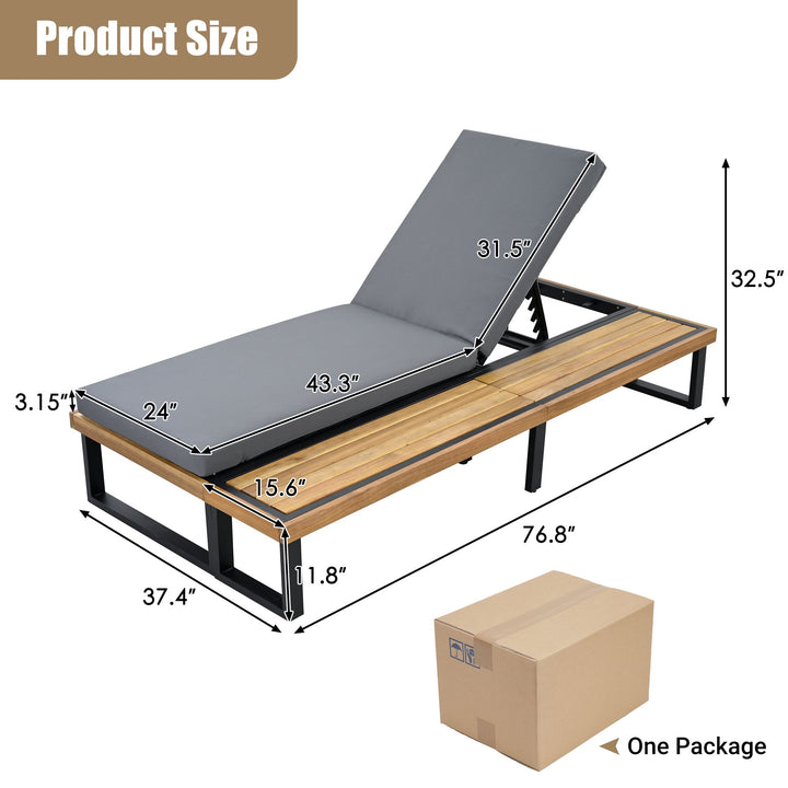 Adjustable Outdoor Chaise Lounge Chair with Cushion & Side Table – Acacia Wood Frame, 5-Position Recliner for Patio, Poolside, or Garden Sangria Beech