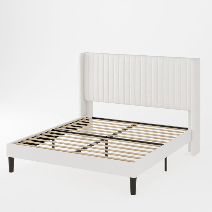 Velvet Wingback Platform Bed Frame – Full/Queen/King Size, Upholstered Headboard, No Box Spring Needed, 800 lbs Weight Capacity – Multiple Colors Peach Maple
