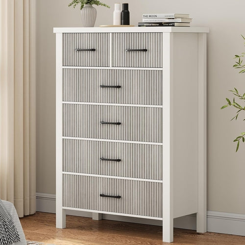 Modern 6 Drawer White Dresser with Fluted Panels – Stylish & Durable Storage for Bedroom, Living Room & Hallway Peach Maple