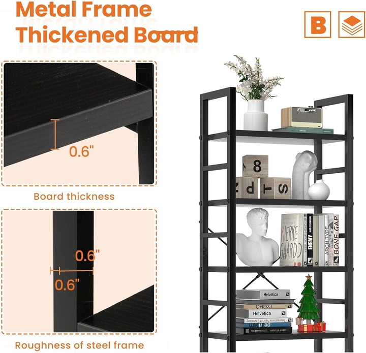 Modern 5-Tier Tall Bookshelf with Metal Frame – Space-Saving Industrial Bookcase Storage Shelf for Living Room, Bedroom, or Office – 62.2" H Freestanding Wood Shelving Unit Peach Maple