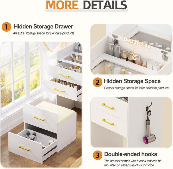 Compact 3-in-1 Vanity Desk with Flip-Up Mirror, Hidden Storage & Cushioned Stool – Multi-Use Nightstand & Makeup Table for Small Spaces Peach Maple