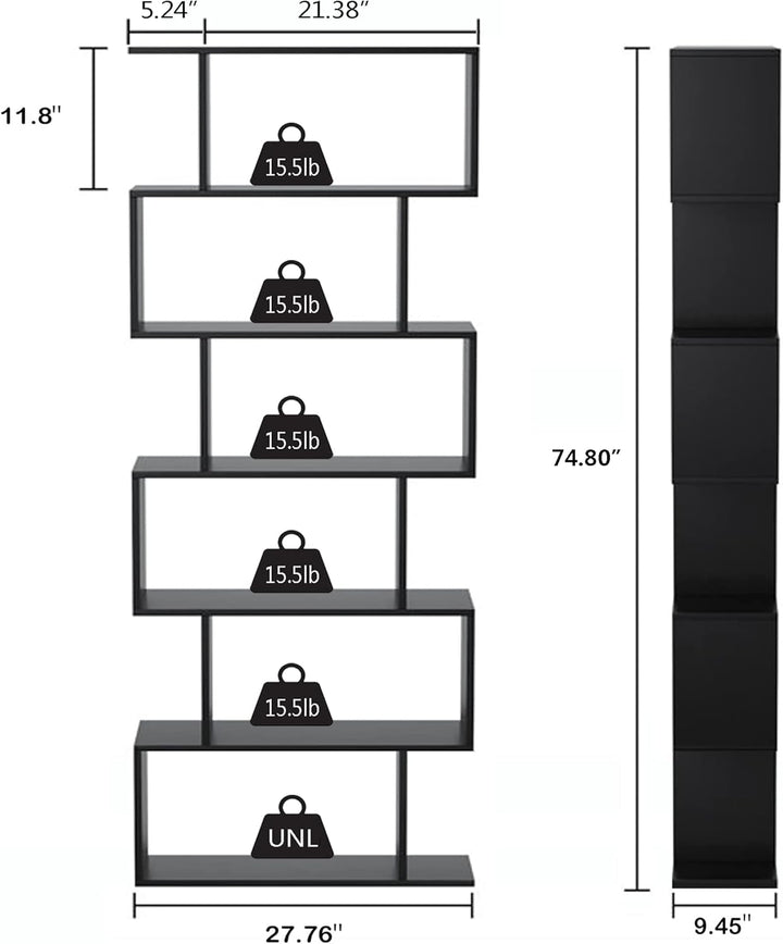 6-Tier Black S-Shaped Modern Geometric Bookshelf – Space-Saving Display & Storage Shelf Peach Maple