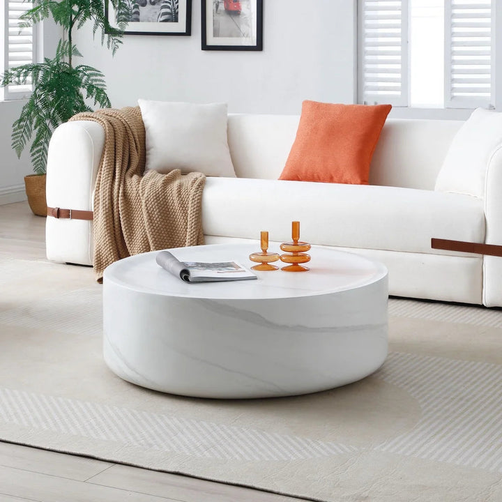 Modern Round Fiberglass Coffee Table – No Assembly, Durable Black & White Accent Table for Living Room & Office Sangria Beech