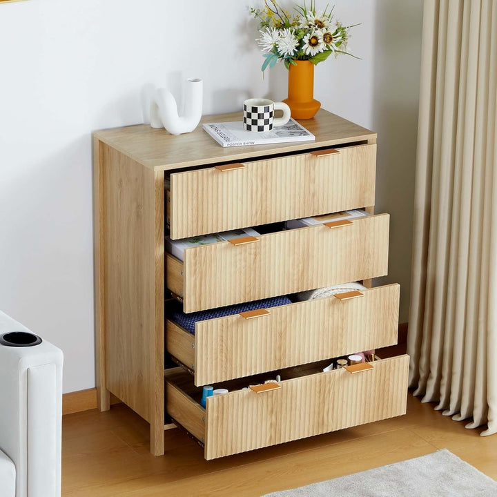 Modern 4 Drawer Wood Dresser – Fluted Wavefront Storage Cabinet with Solid Legs, MDF Chest for Bedroom & Living Room Peach Maple