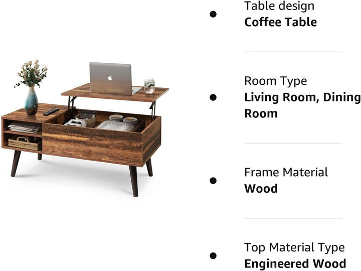 Modern Lift-Top Coffee Table with Hidden Storage & Removable Shelf – Rustic Wood Finish, 39.4" Center Table for Living Room Peach Maple